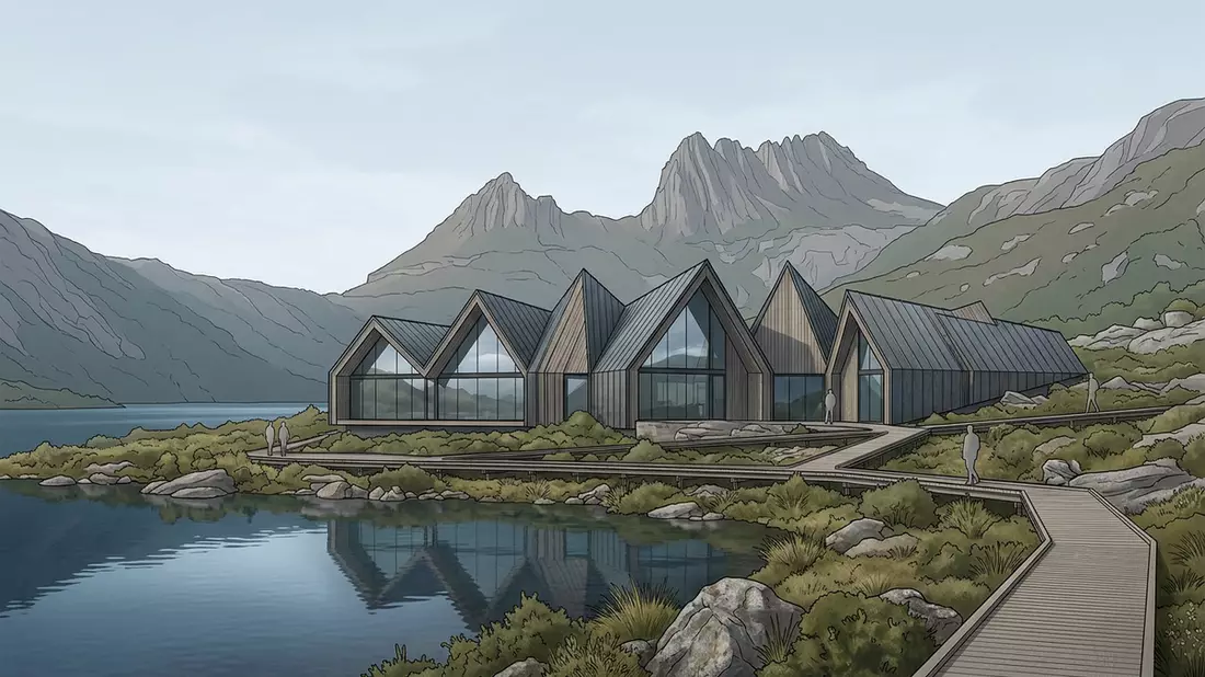 Architektur-Render von Cradle Mountain in Cradle Mountain, Australien bei Tageslicht