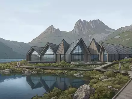 Moderner Architektur-Render zeigt Silhouette von Cradle Mountain in Cradle Mountain Australien, klare Linien und neutrales - Foto: THN