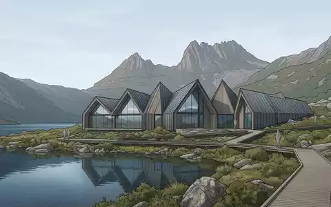 Moderner Architektur-Render zeigt Silhouette von Cradle Mountain in Cradle Mountain Australien, klare Linien und neutrales - Foto: THN