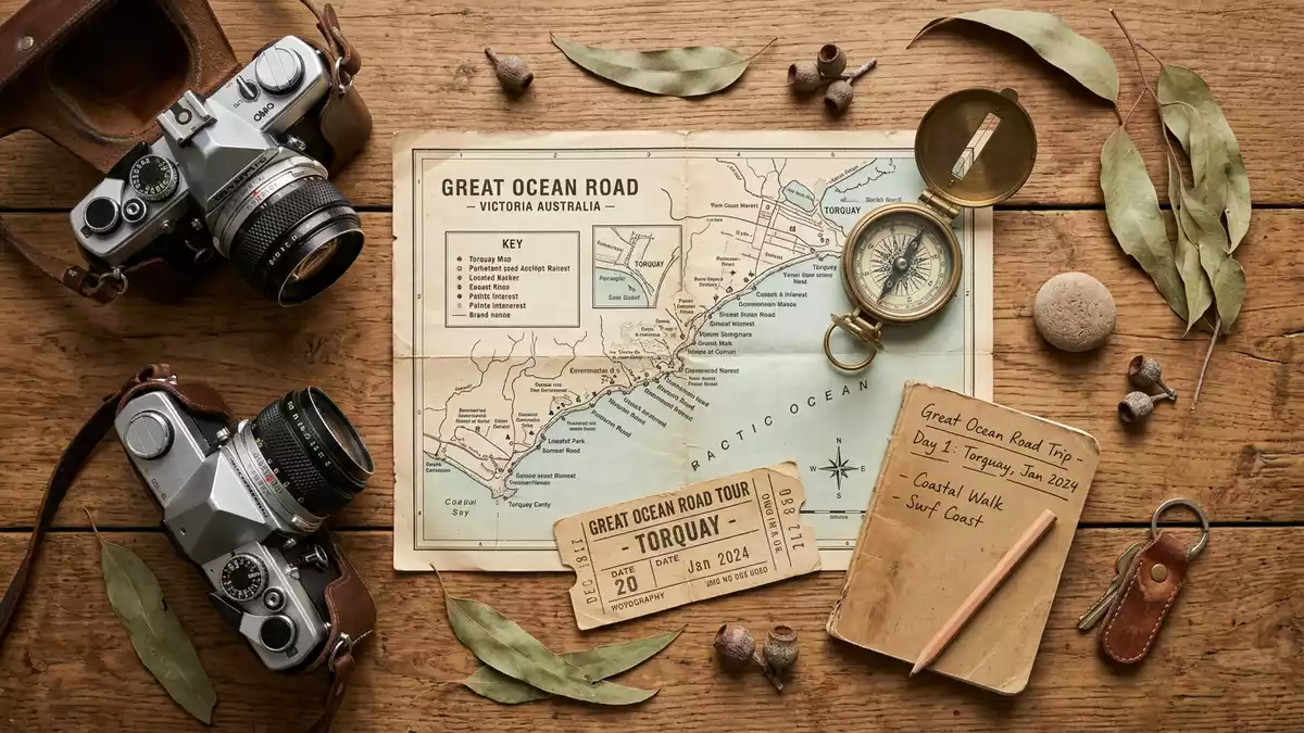 Flatlay-Reise-Arrangement rund um Great Ocean Road in Torquay, Australien
