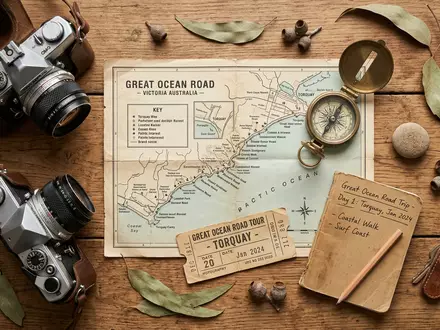 Flatlay-Reise-Arrangement rund um Great Ocean Road in Torquay Australien, Karte Kompass Kamera und generische Reiserequisiten - Foto: THN