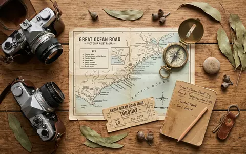 Flatlay-Reise-Arrangement rund um Great Ocean Road in Torquay Australien, Karte Kompass Kamera und generische Reiserequisiten - Foto: THN