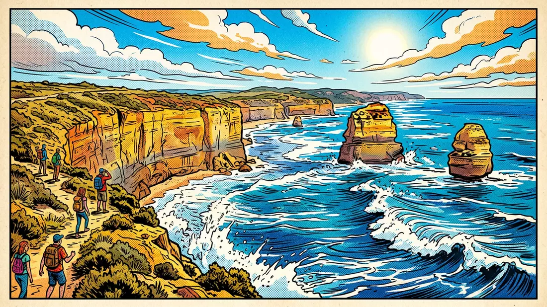 Pop-Art-Comic von Zwölf Apostel Australien in Port Campbell, Australien mit Rasterpunkten