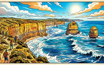Pop-Art-Comicillustration des Wahrzeichens Zwölf Apostel Australien in Port Campbell Australien, kraeftige Konturen Rasterpunkte und satte - Foto: THN