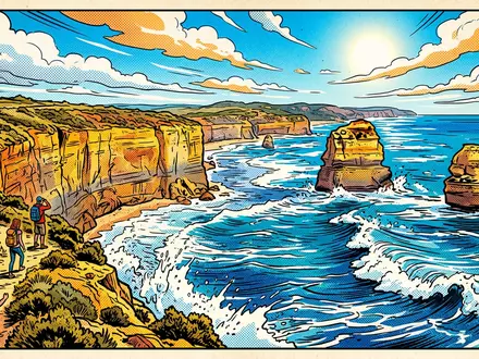 Pop-Art-Comicillustration des Wahrzeichens Zwölf Apostel Australien in Port Campbell Australien, kraeftige Konturen Rasterpunkte und satte - Foto: THN