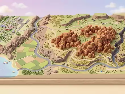 Isometrisches Diorama von Purnululu-Nationalpark und Umgebung in Kununurra Australien, verspielte Low-Poly-Kulisse in Pastellfarben - Foto: THN