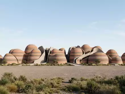 Moderner Architektur-Render zeigt Silhouette von Purnululu-Nationalpark in Kununurra Australien, klare Linien und neutrales Tageslicht - Foto: THN