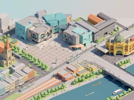 Isometrisches Diorama von Federation Square Melbourne und Umgebung in Melbourne Australien, verspielte Low-Poly-Kulisse in Pastellfarben - Foto: THN