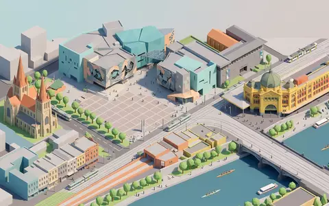Isometrisches Diorama von Federation Square Melbourne und Umgebung in Melbourne Australien, verspielte Low-Poly-Kulisse in Pastellfarben - Foto: THN