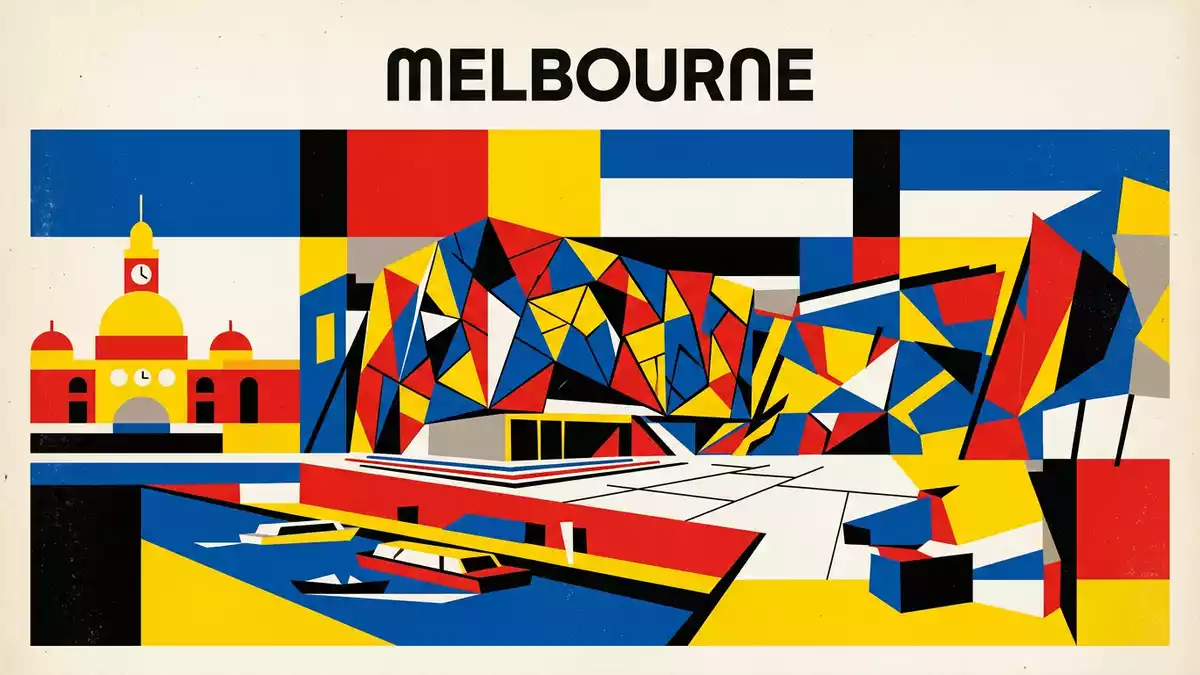 Bauhaus-Poster als Abstraktion von Federation Square Melbourne in Melbourne, Australien
