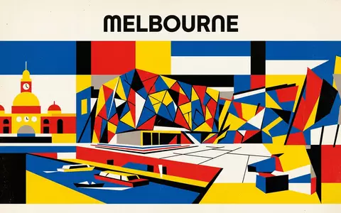 Bauhaus-Poster als geometrische Abstraktion von Federation Square Melbourne in Melbourne Australien, kraeftige Grundfarben und harte - Foto: THN