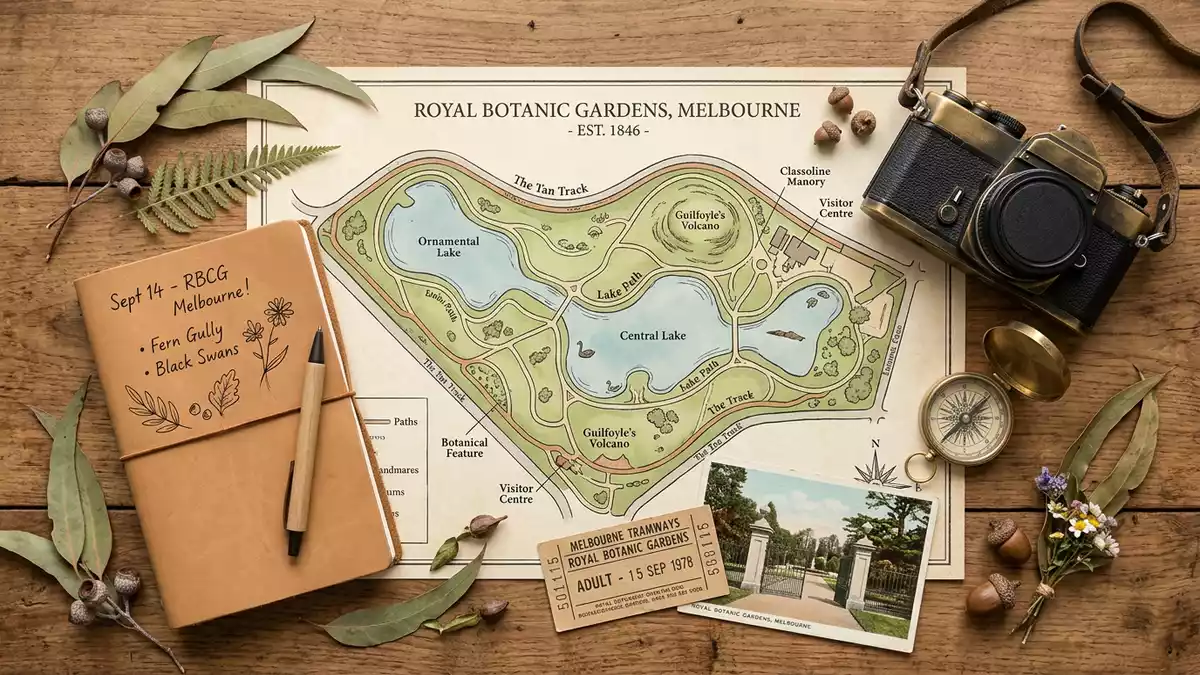 Flatlay-Reise-Arrangement rund um Royal Botanic Gardens Melbourne in Melbourne, Australien