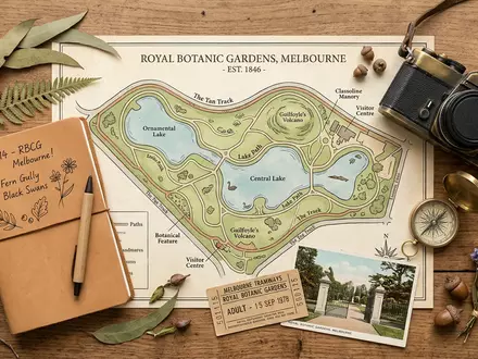 Flatlay-Reise-Arrangement rund um Royal Botanic Gardens Melbourne in Melbourne Australien, Karte Kompass Kamera und generische - Foto: THN
