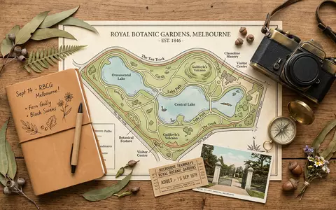 Flatlay-Reise-Arrangement rund um Royal Botanic Gardens Melbourne in Melbourne Australien, Karte Kompass Kamera und generische - Foto: THN