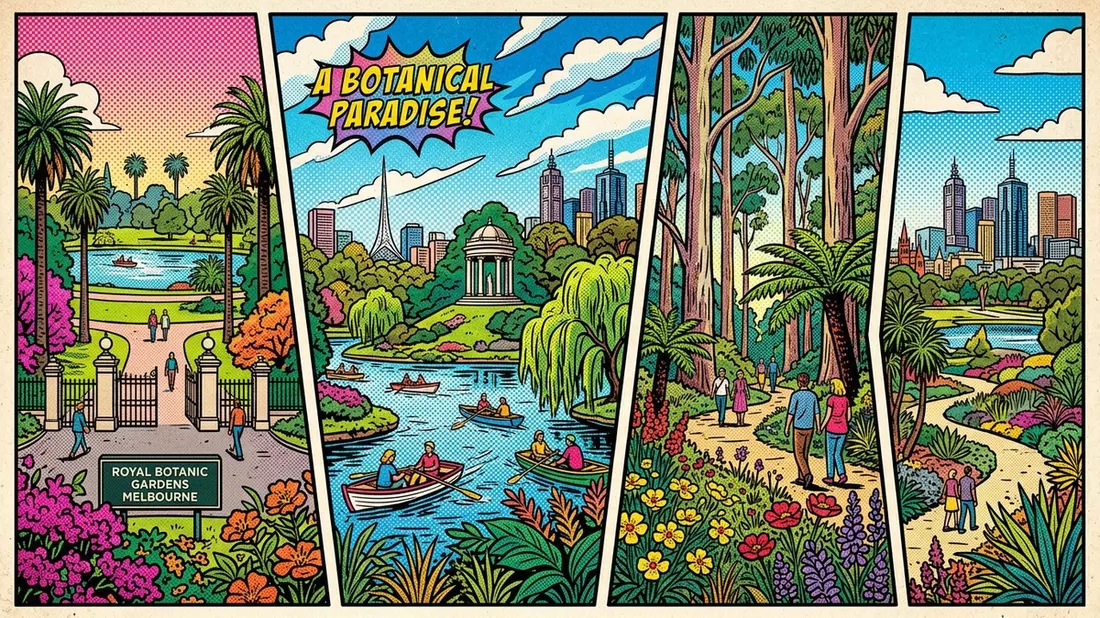 Pop-Art-Comic von Royal Botanic Gardens Melbourne in Melbourne, Australien mit Rasterpunkten