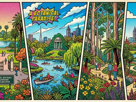 Pop-Art-Comicillustration des Wahrzeichens Royal Botanic Gardens Melbourne in Melbourne Australien, kraeftige Konturen Rasterpunkte und satte - Foto: THN