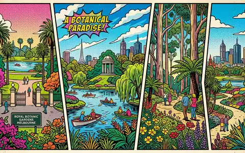 Pop-Art-Comicillustration des Wahrzeichens Royal Botanic Gardens Melbourne in Melbourne Australien, kraeftige Konturen Rasterpunkte und satte - Foto: THN
