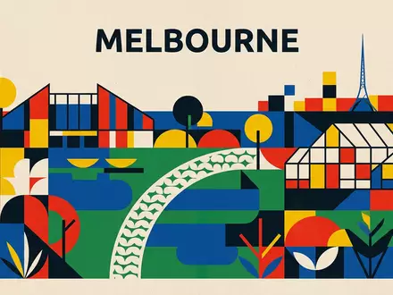 Bauhaus-Poster als geometrische Abstraktion von Royal Botanic Gardens Melbourne in Melbourne Australien, kraeftige Grundfarben und - Foto: THN