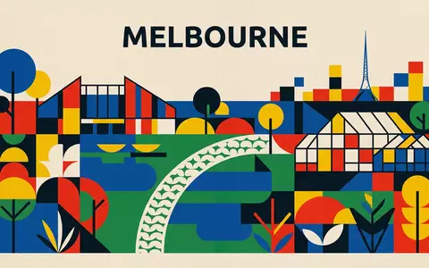 Bauhaus-Poster als geometrische Abstraktion von Royal Botanic Gardens Melbourne in Melbourne Australien, kraeftige Grundfarben und - Foto: THN
