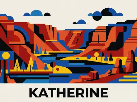 Bauhaus-Poster als geometrische Abstraktion von Nitmiluk-Nationalpark in Katherine Australien, kraeftige Grundfarben und harte Formkanten - Foto: THN