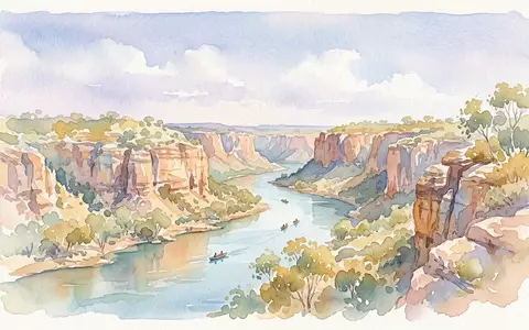 Aquarellillustration des Wahrzeichens Nitmiluk-Nationalpark in Katherine Australien, weiche Farbverläufe und pastelliges Reiseposter-Feeling - Foto: THN