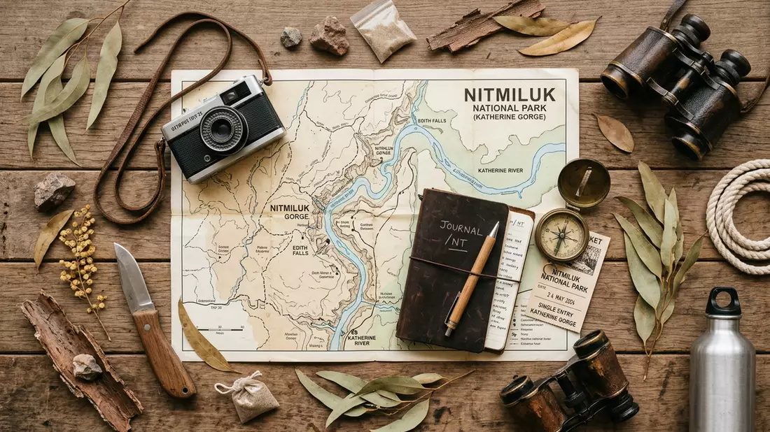 Flatlay-Reise-Arrangement rund um Nitmiluk-Nationalpark in Katherine, Australien