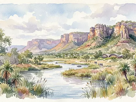 Aquarellillustration des Wahrzeichens Kakadu-Nationalpark in Jabiru Australien, weiche Farbverläufe und pastelliges Reiseposter-Feeling - Foto: THN