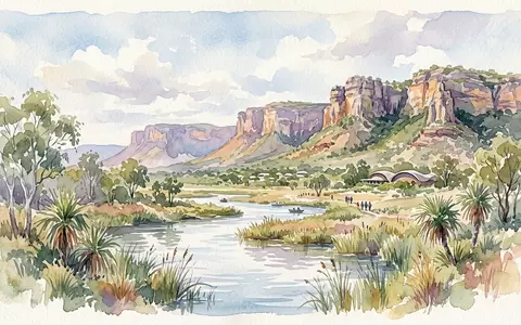 Aquarellillustration des Wahrzeichens Kakadu-Nationalpark in Jabiru Australien, weiche Farbverläufe und pastelliges Reiseposter-Feeling - Foto: THN