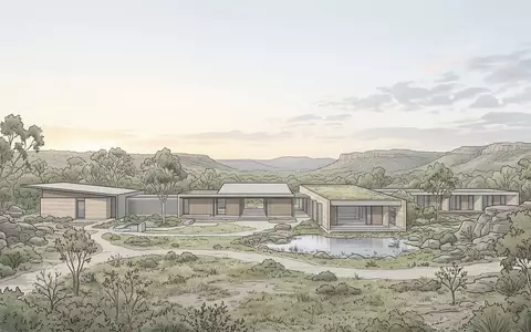 Moderner Architektur-Render zeigt Silhouette von Kakadu-Nationalpark in Jabiru Australien, klare Linien und neutrales Tageslicht - Foto: THN