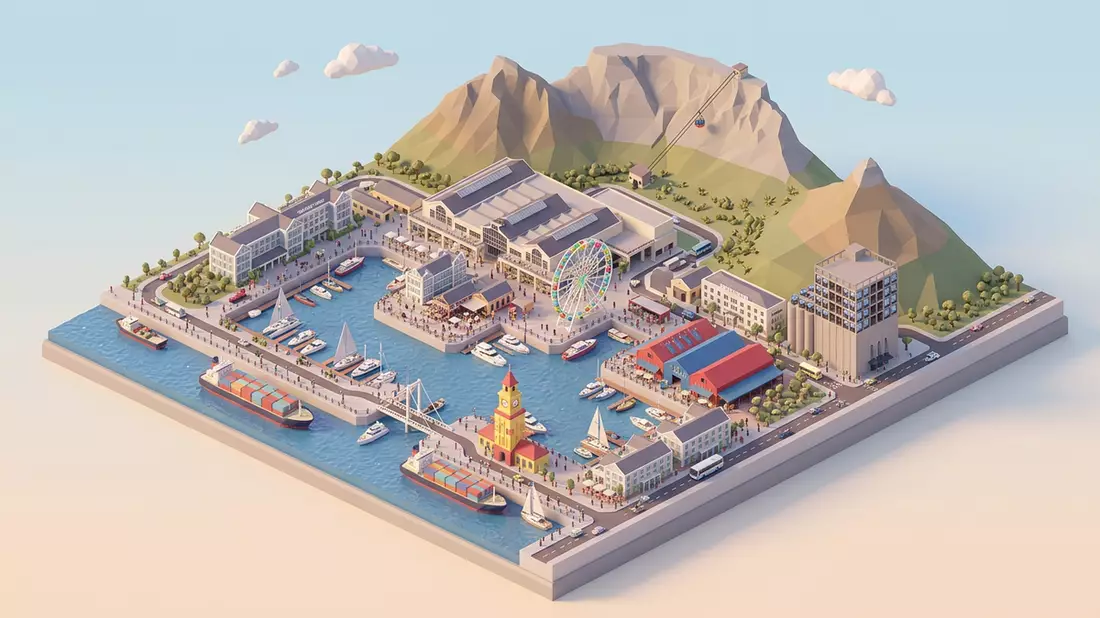 Isometrisches Diorama von V&A Waterfront in Kapstadt, Sudafrika in Pastell
