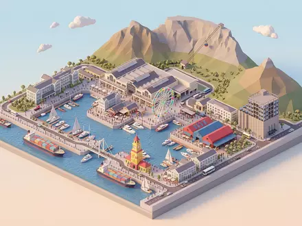 Isometrisches Diorama von V&A Waterfront und Umgebung in Kapstadt Sudafrika, verspielte Low-Poly-Kulisse in Pastellfarben - Foto: THN