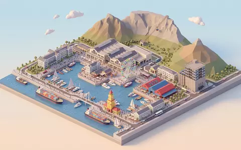 Isometrisches Diorama von V&A Waterfront und Umgebung in Kapstadt Sudafrika, verspielte Low-Poly-Kulisse in Pastellfarben - Foto: THN