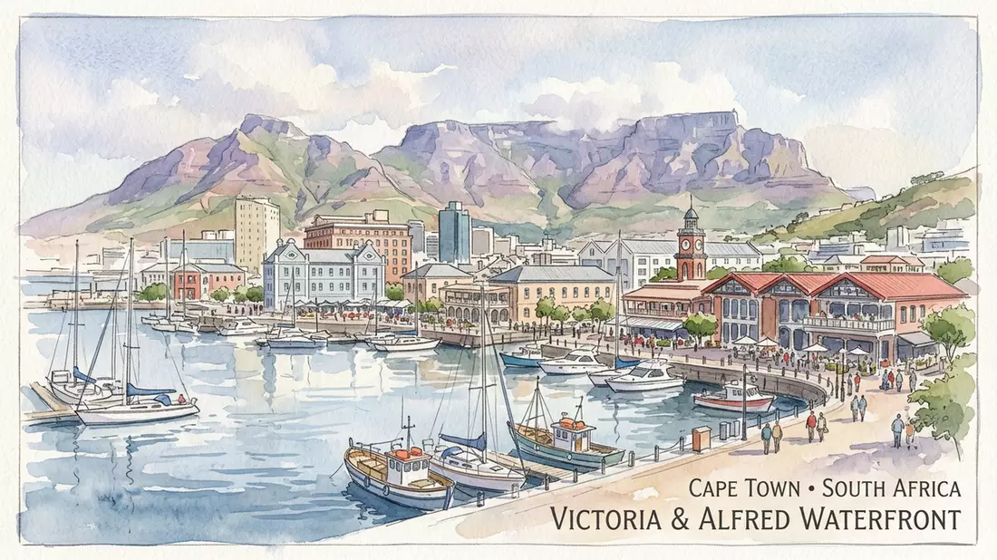 Aquarell-Illustration von V&A Waterfront in Kapstadt, Sudafrika als Reiseposter