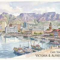 Aquarellillustration des Wahrzeichens V&A Waterfront in Kapstadt Sudafrika, weiche Farbverläufe und pastelliges Reiseposter-Feeling - Foto: THN