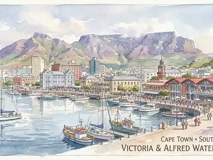 Aquarellillustration des Wahrzeichens V&A Waterfront in Kapstadt Sudafrika, weiche Farbverläufe und pastelliges Reiseposter-Feeling - Foto: THN