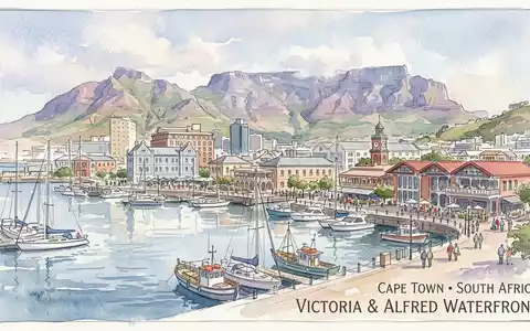 Aquarellillustration des Wahrzeichens V&A Waterfront in Kapstadt Sudafrika, weiche Farbverläufe und pastelliges Reiseposter-Feeling - Foto: THN