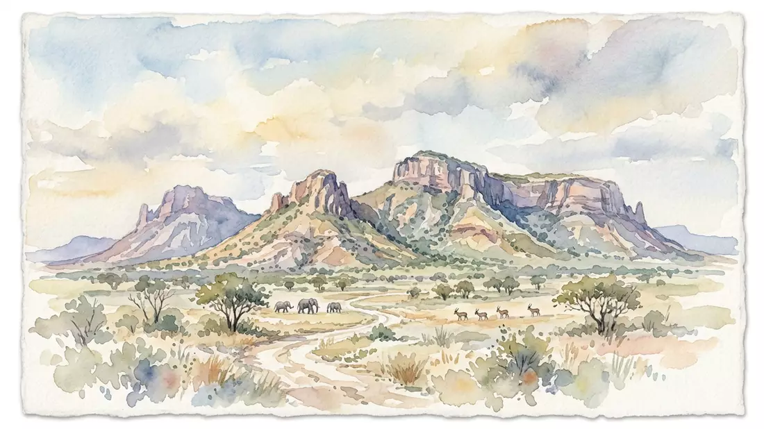 Aquarell-Illustration von Tsodilo Hills in Shakawe, Botswana als Reiseposter