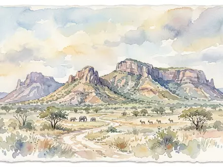 Aquarellillustration des Wahrzeichens Tsodilo Hills in Shakawe Botswana, weiche Farbverläufe und pastelliges Reiseposter-Feeling - Foto: THN