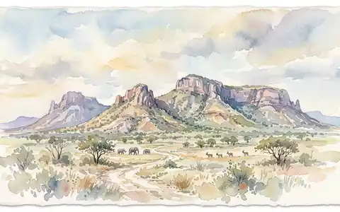 Aquarellillustration des Wahrzeichens Tsodilo Hills in Shakawe Botswana, weiche Farbverläufe und pastelliges Reiseposter-Feeling - Foto: THN