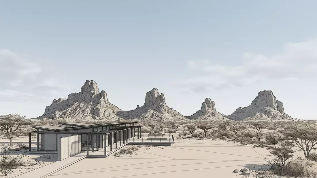 Architektur-Render von Tsodilo Hills in Shakawe, Botswana bei Tageslicht