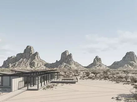 Moderner Architektur-Render zeigt Silhouette von Tsodilo Hills in Shakawe Botswana, klare Linien und neutrales Tageslicht - Foto: THN