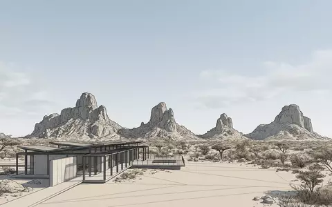 Moderner Architektur-Render zeigt Silhouette von Tsodilo Hills in Shakawe Botswana, klare Linien und neutrales Tageslicht - Foto: THN