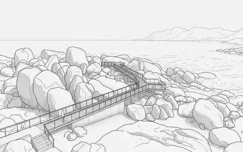 Moderner Architektur-Render zeigt Silhouette von Boulders Beach in Simon's Town Sudafrika, klare Linien und neutrales - Foto: THN