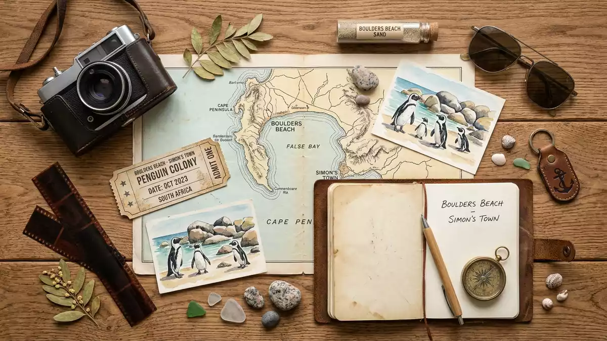 Flatlay-Reise-Arrangement rund um Boulders Beach in Simon's Town, Sudafrika