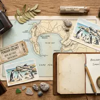 Flatlay-Reise-Arrangement rund um Boulders Beach in Simon's Town Sudafrika, Karte Kompass Kamera und generische Reiserequisiten - Foto: THN