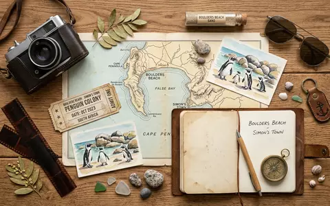 Flatlay-Reise-Arrangement rund um Boulders Beach in Simon's Town Sudafrika, Karte Kompass Kamera und generische Reiserequisiten - Foto: THN