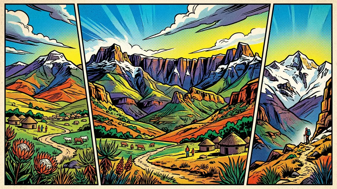 Pop-Art-Comic von Drakensberge in Winterton, Sudafrika mit Rasterpunkten