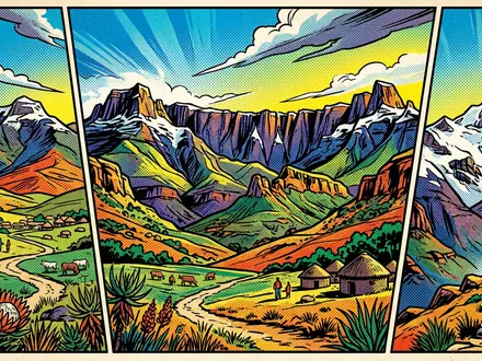 Pop-Art-Comicillustration des Wahrzeichens Drakensberge in Winterton Sudafrika, kraeftige Konturen Rasterpunkte und satte Farben - Foto: THN