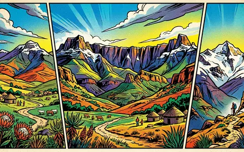 Pop-Art-Comicillustration des Wahrzeichens Drakensberge in Winterton Sudafrika, kraeftige Konturen Rasterpunkte und satte Farben - Foto: THN
