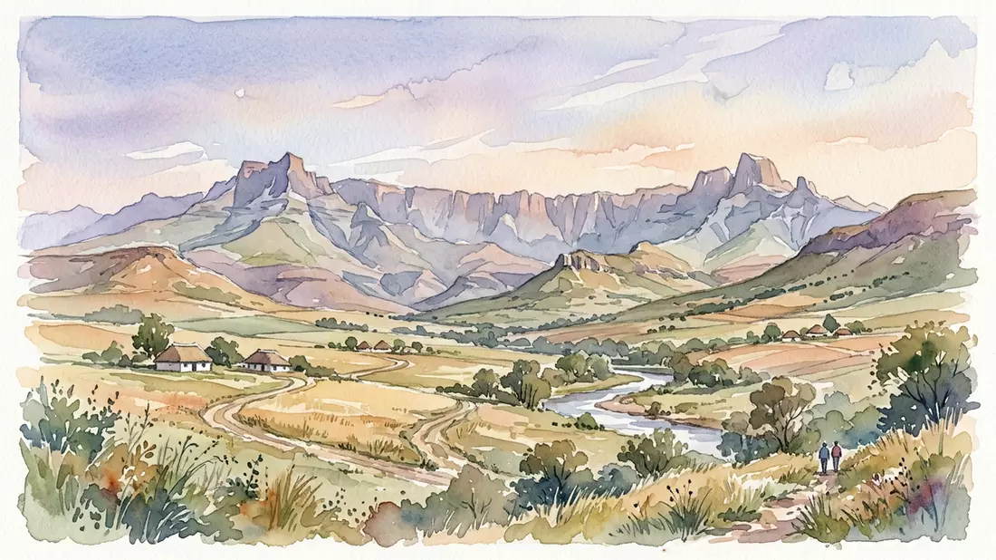 Aquarell-Illustration von Drakensberge in Winterton, Sudafrika als Reiseposter